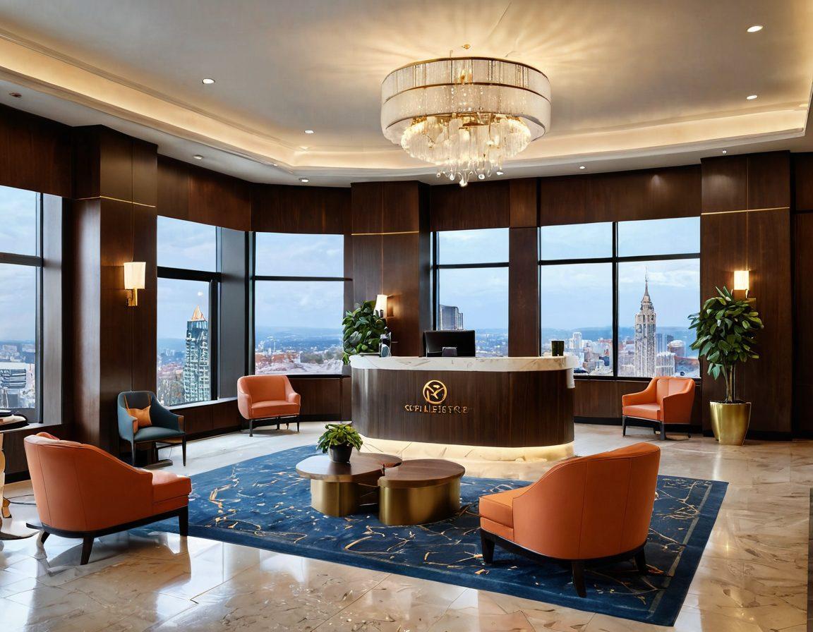 A luxurious hotel lobby featuring an inviting front desk with welcome signage, plush seating areas adorned with modern decor, and a backdrop of large windows showcasing beautiful views of the city. Include a digital display highlighting exclusive deals and amenities, with guests interacting cheerfully with staff. Emphasize warmth, comfort, and elegance in the environment. super-realistic. vibrant colors. 3D.