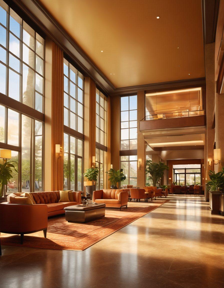 An inviting hotel lobby showcasing a luxurious yet cozy atmosphere, with elegant furnishings, a warm color palette, and sunlight streaming through large windows. Include a diverse group of travelers checking in, highlighting smiles and excitement. Display a digital screen with hotel deals and tips in the background. super-realistic. vibrant colors. warm lighting.