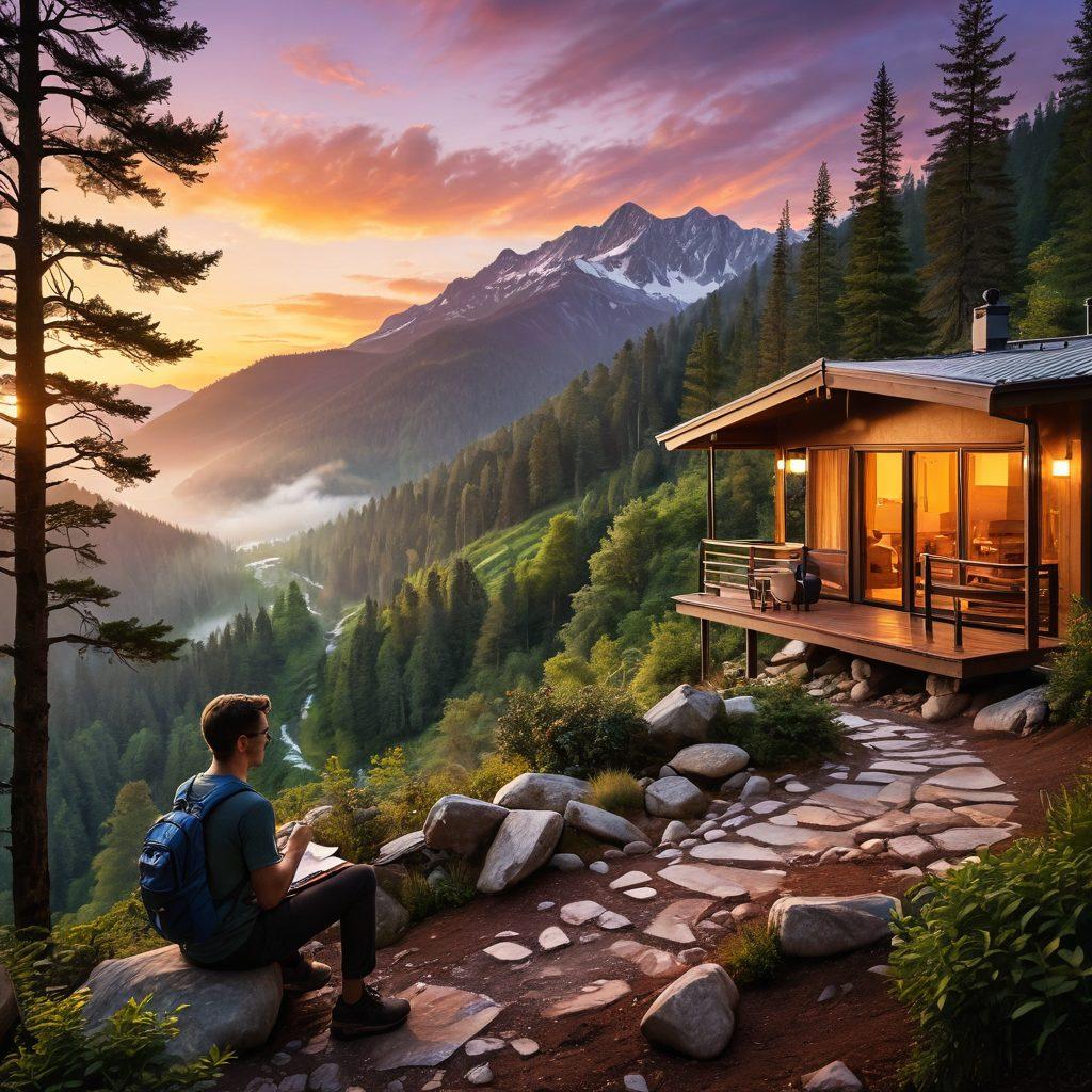 A scenic landscape featuring a cozy hotel nestled in the mountains, with a warm glowing light emanating from its windows. In the foreground, a backpacker is consulting a travel guide while enjoying a cup of coffee. Surrounding the scene are lush trees and a winding path, symbolizing exploration and adventure. The sky is painted in golden hues of sunset, creating an inviting atmosphere. super-realistic. vibrant colors. 3D.